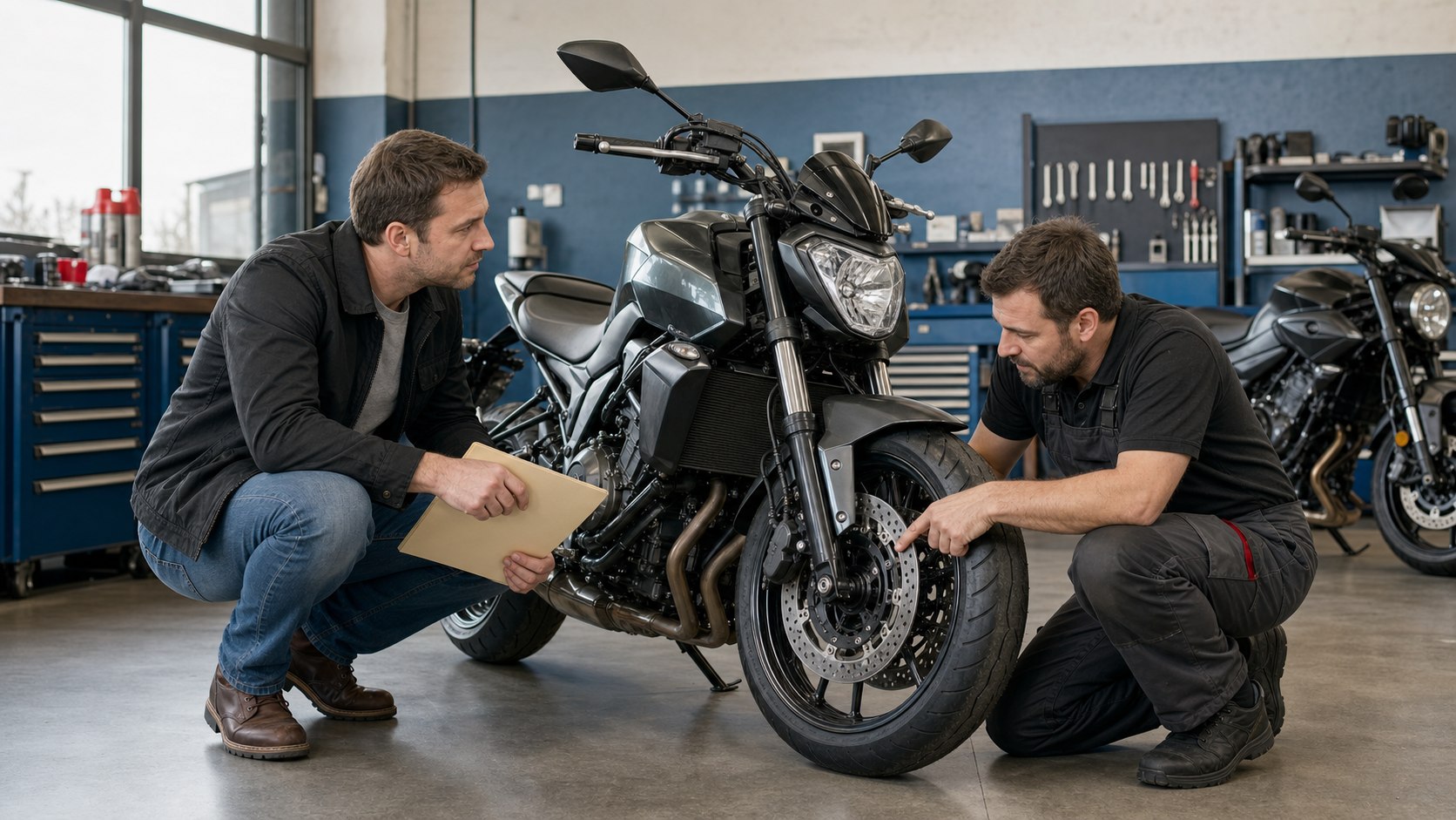 Zájemce o motorku s mechanikem kontrolují přední brzdu ojetého motocyklu
