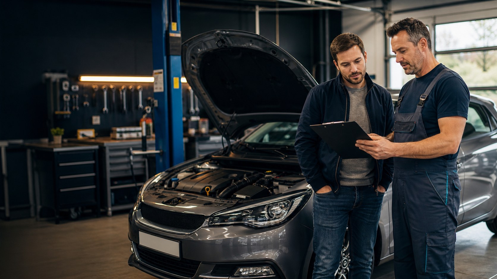 Majitel auta s mechanikem kontrolují kalkulaci opravy v autoservisu