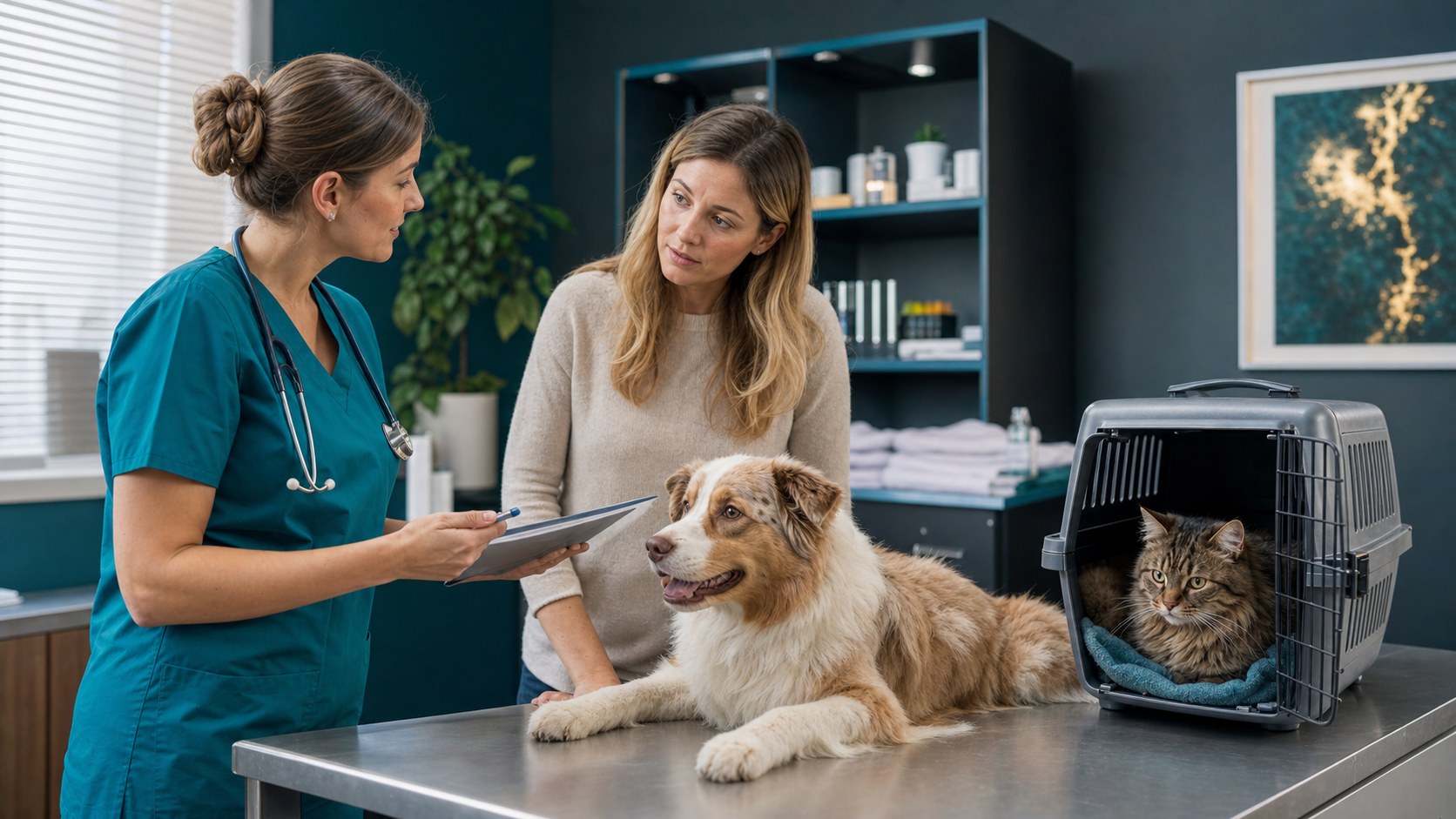 Veterinář vysvětluje majitelce psa a kočky plán léčby a náklady